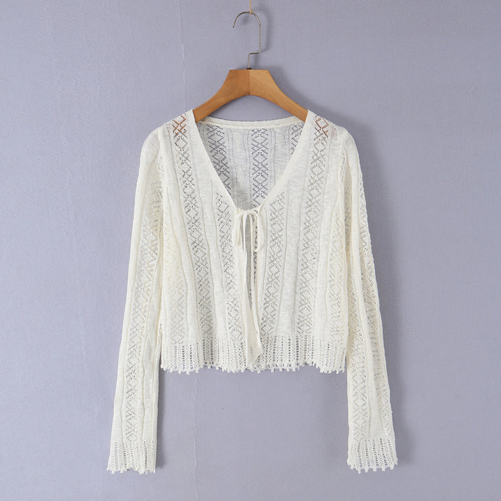 Women's Lightweight Crocheted Short Cardigan with V-Neck, Tie Band and Lace Pattern Mune Fashion