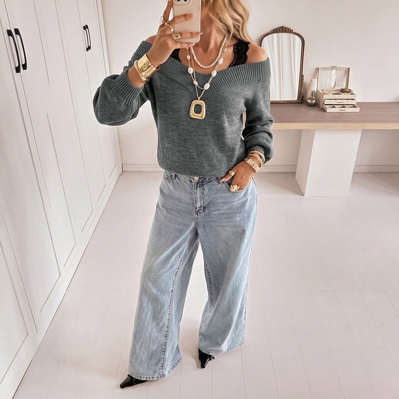 Women's Off-Shoulder V-Neck Fine Knit Sweater with Lace Strap Look and Balloon Sleeves Mune Fashion
