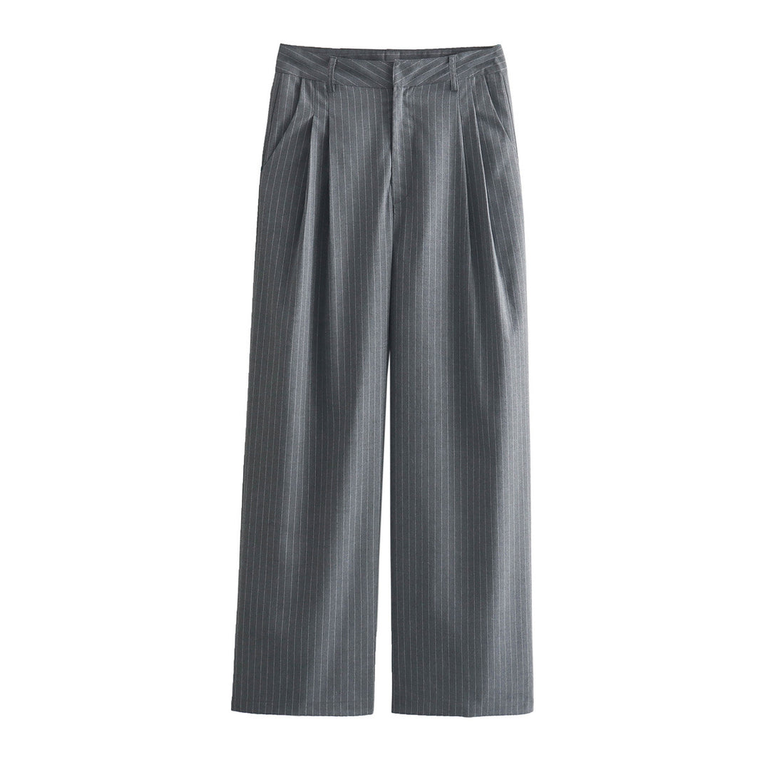 Women Two-Piece Pinstripe Suit Set with Short Stand Collar Blazer and Wide Pleat Pants Mune Fashion