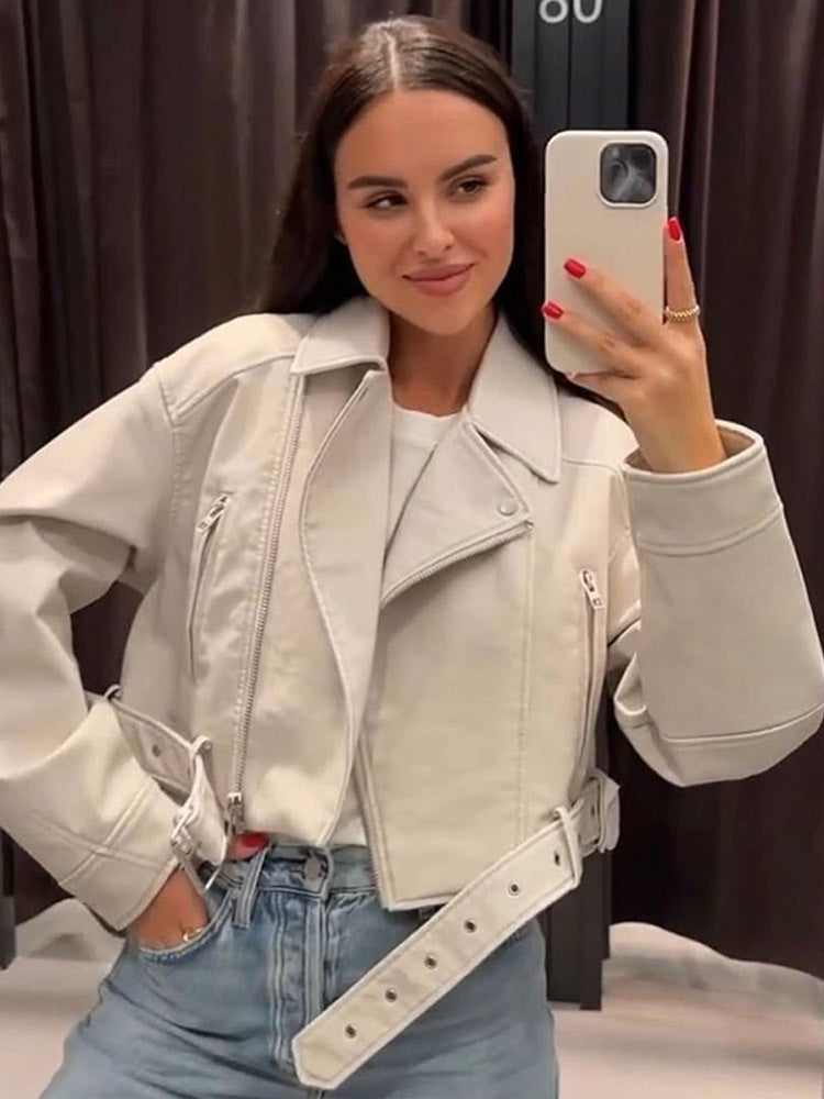 Women Short-Cut Biker Jacket Made of Faux Leather with Waist Belt Mune Fashion