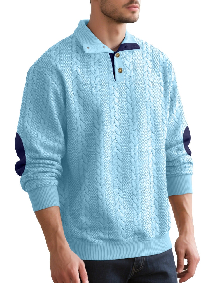 Men's Cable Knit Half Button Sweater with High Stand Collar and Suede Elbow Patches Mune Fashion
