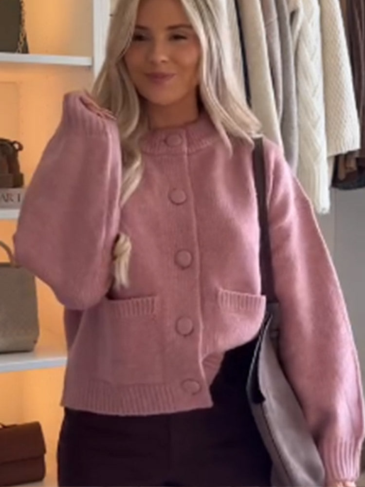 Women's Chunky Knit Cropped Cardigan with Round Snap Buttons and Oversized Sleeves Mune Fashion