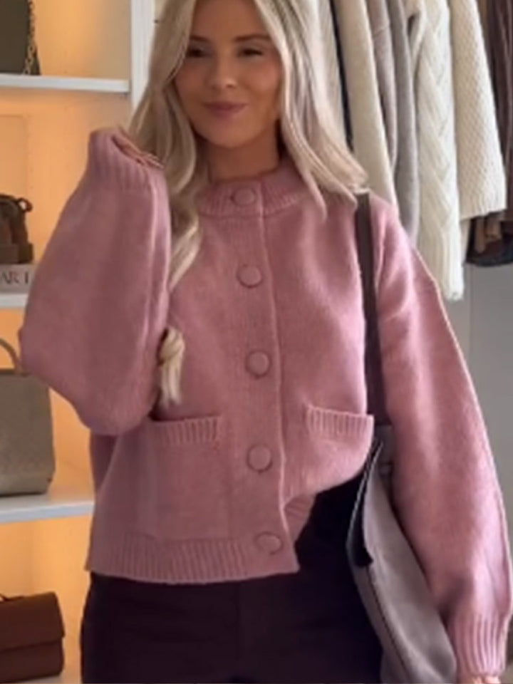 Women's Chunky Knit Cropped Cardigan with Round Snap Buttons and Oversized Sleeves Mune Fashion