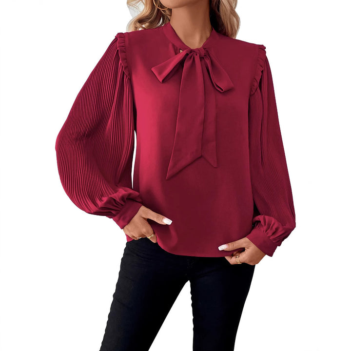 Ladies Elegant Chiffon Blouse with Bow Collar and Pleated Sleeves Mune Fashion