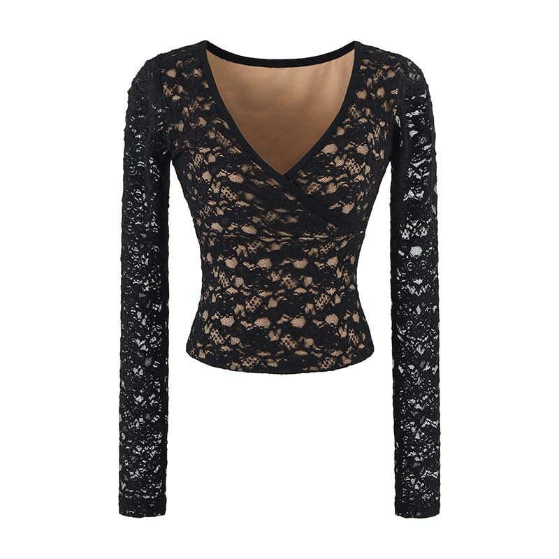 Women's Figure-hugging Lace Top with Wrap V-neck and Long Sleeves Mune Fashion