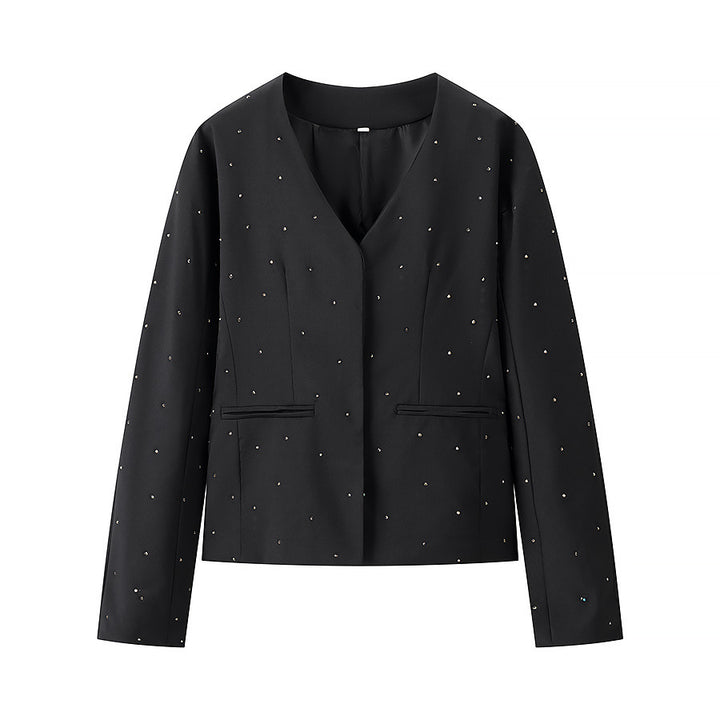 Women nan elegant tailored blazer without collar with decorative stone trim Mune Fashion
