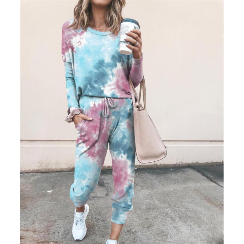Women Casual Tie-Dye Lounge Jumpsuit with Drawstring and Pocket Mune Fashion