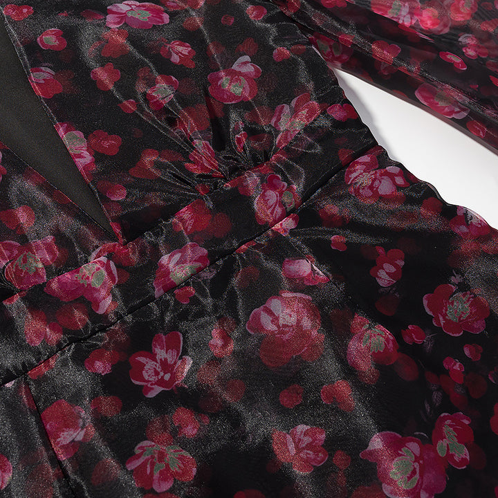 Women's Floral Chiffon Mini Dress with Deep V-Neck, Ruffle Layers and Trumpet Sleeves Mune Fashion