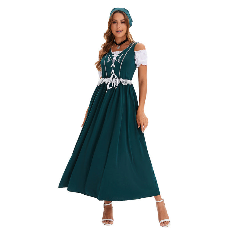 Ladies long traditional dress in dirndl style with corset lacing and lace waistband Mune Fashion