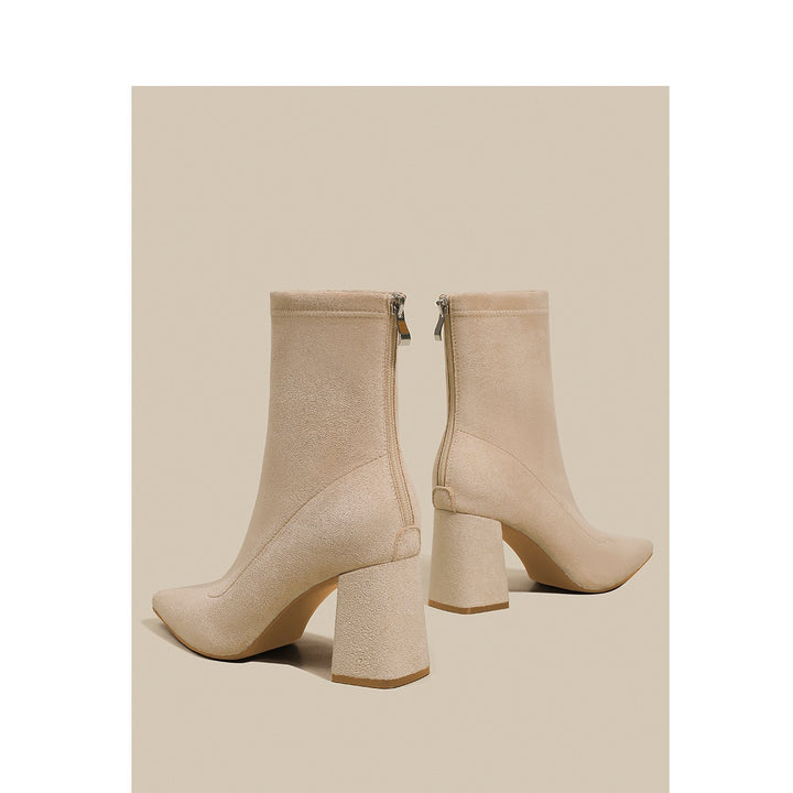 Women Lace Sock Ankle Boots with Sculptural Block Heel and Stretch Velvet Look Mune Fashion