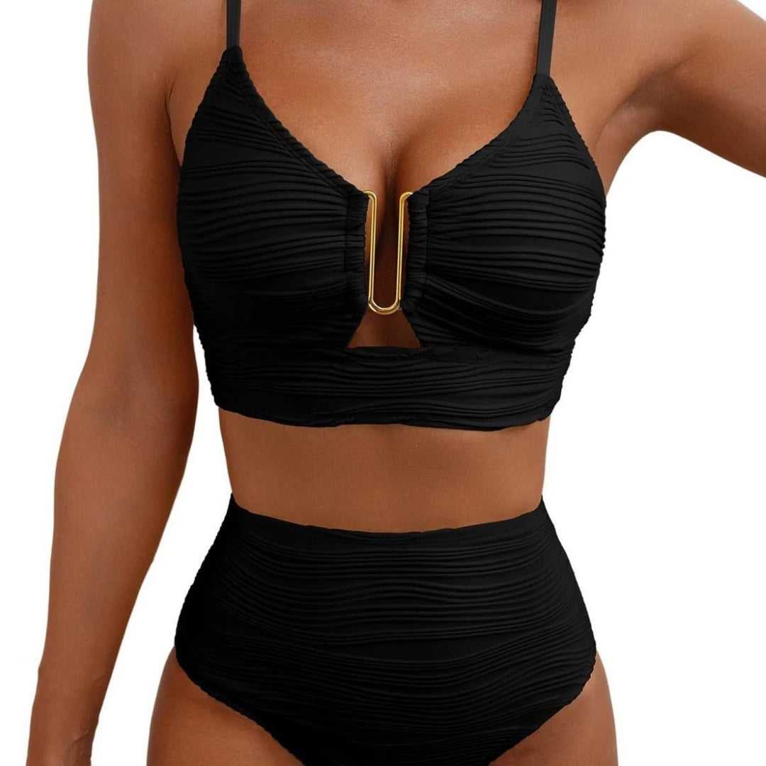 Women's High-Waisted Bikini Set with Fashionable Cut-Out Mune Fashion