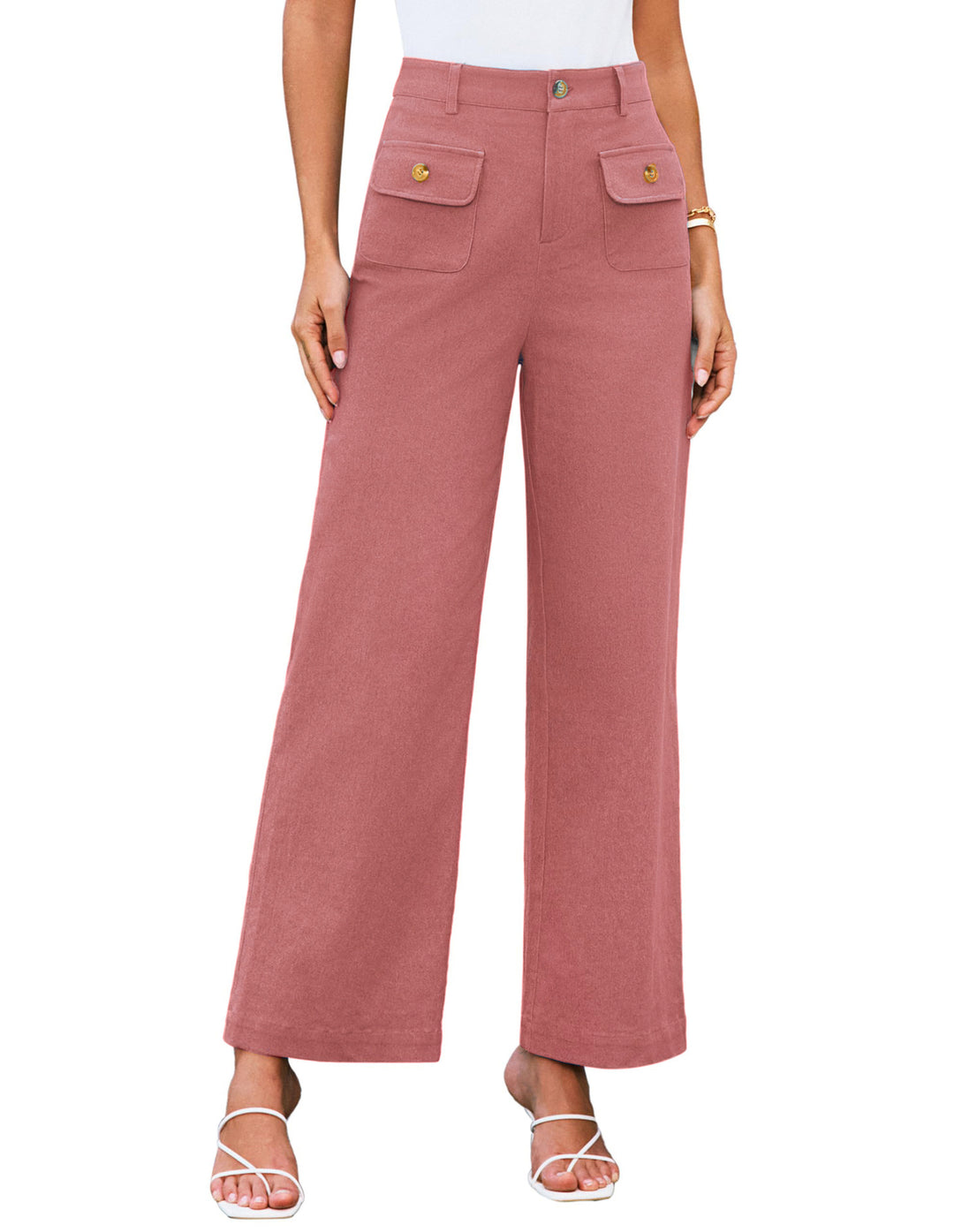 Women's High-Waist Wide-Leg Trousers with Button-Flap Patch Pockets Mune Fashion