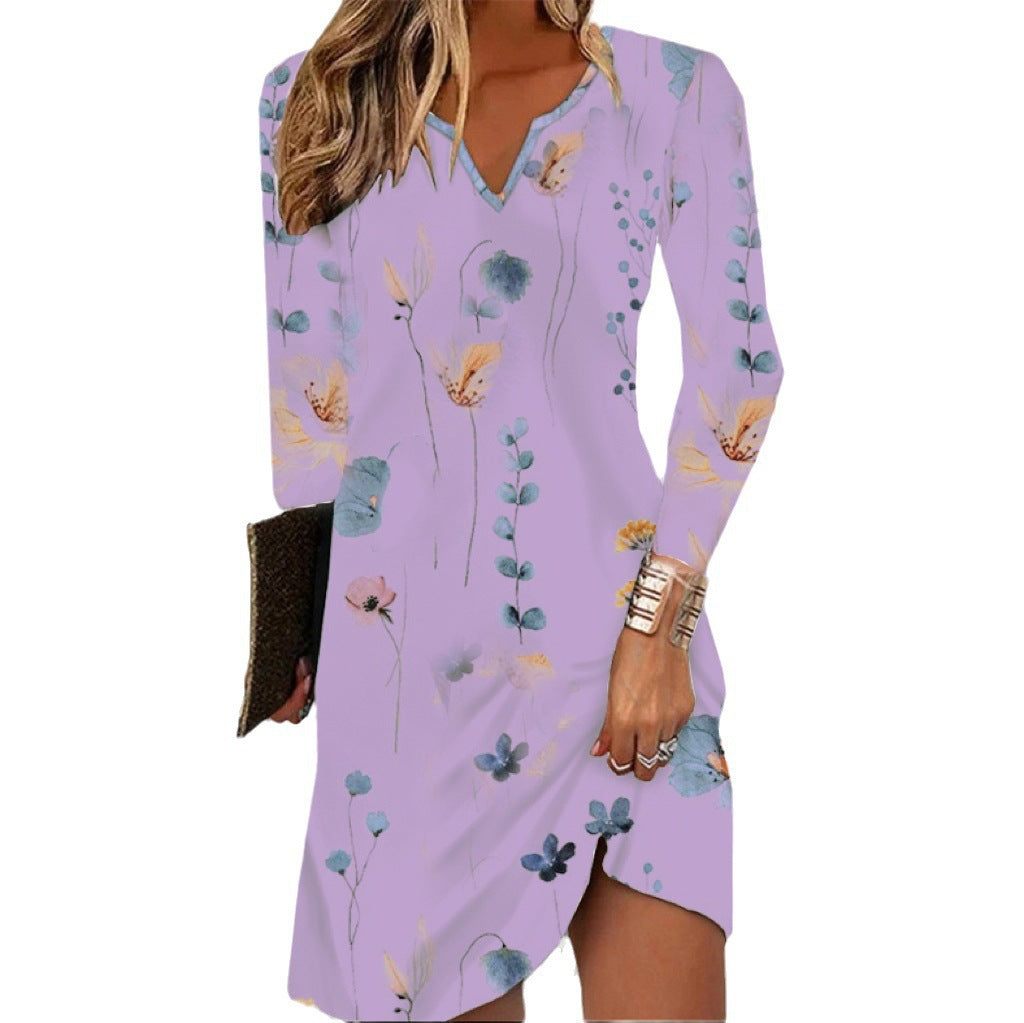 Women’s Floral V-Neck Midi Dress with Asymmetrical Hem and Long Sleeve Mune Fashion