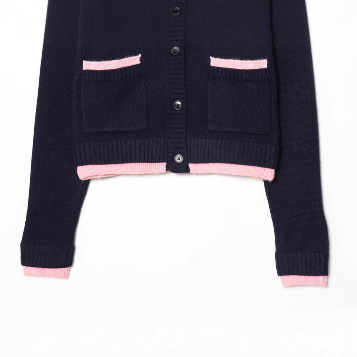 Women's Short Boxy Knit Cardigan with Patch Pockets and Contrasting Cuffs Mune Fashion