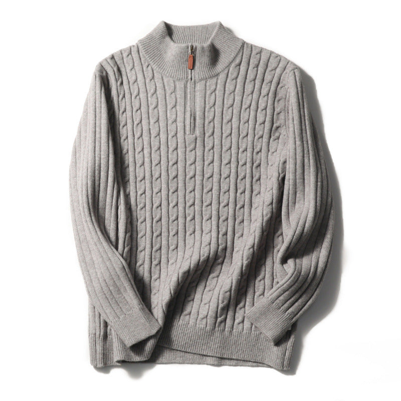 Men's fine knit pullover with cable pattern and half zip stand-up collar Mune Fashion