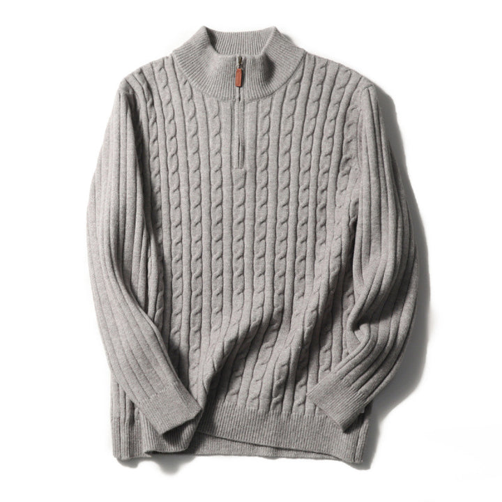 Men's fine knit pullover with cable pattern and half zip stand-up collar Mune Fashion