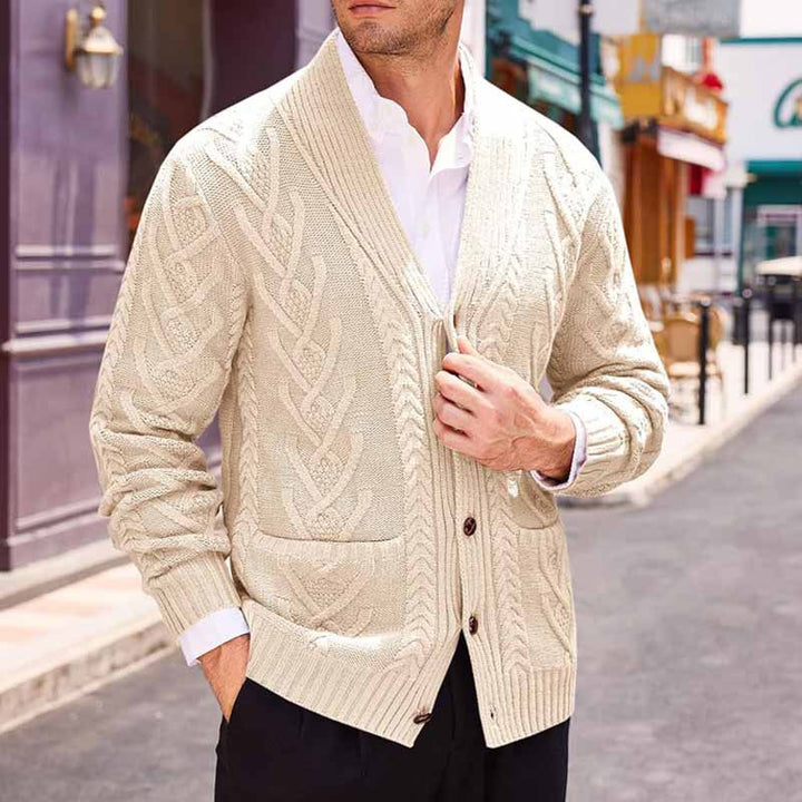 Men's cable knit cardigan with shawl collar and patch pockets Mune Fashion