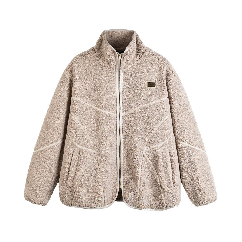 Unisex Teddy-Fleece-Bomber Jacket with Stand Collar and Geometric Seam Design Mune Fashion