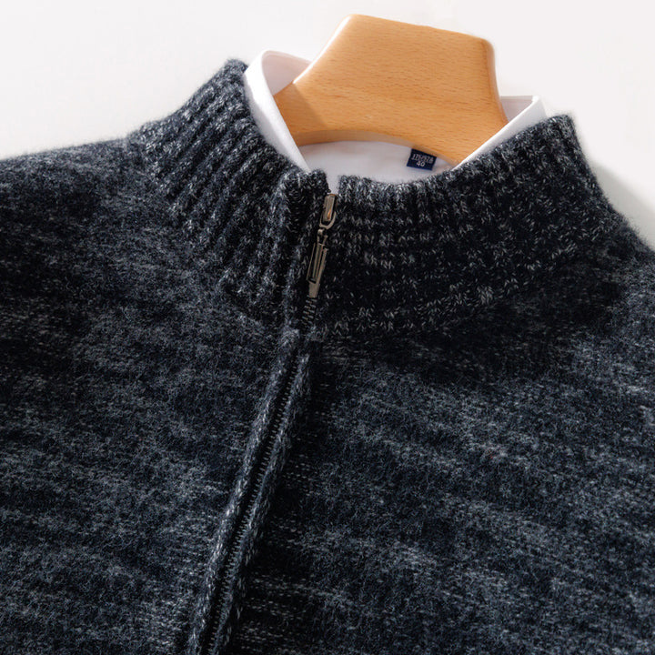 Men's Casual Zip Mock Neck Sweater made from Wool Blend with Brushed Mohair Look and Stand-up Collar Mune Fashion