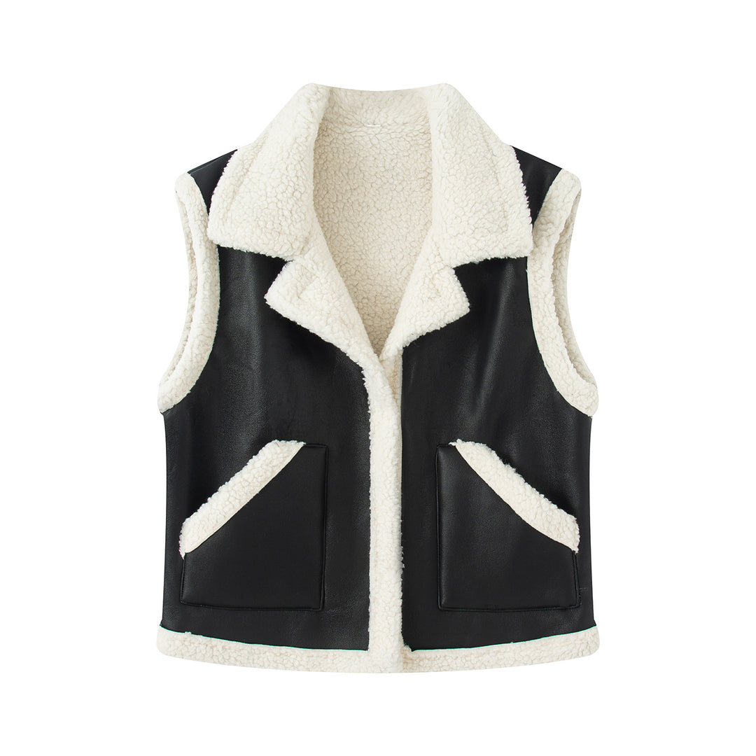 Women's Sleeveless Lambskin Look Vest with Notched Collar and Patch Pockets Mune Fashion