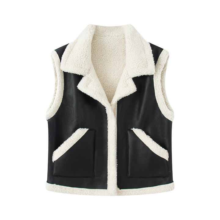 Women's Sleeveless Lambskin Look Vest with Notched Collar and Patch Pockets Mune Fashion