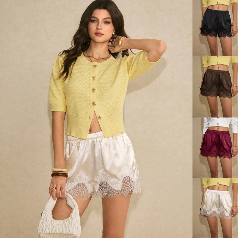 Women's satin shorts with lace trim and elastic waistband Mune Fashion