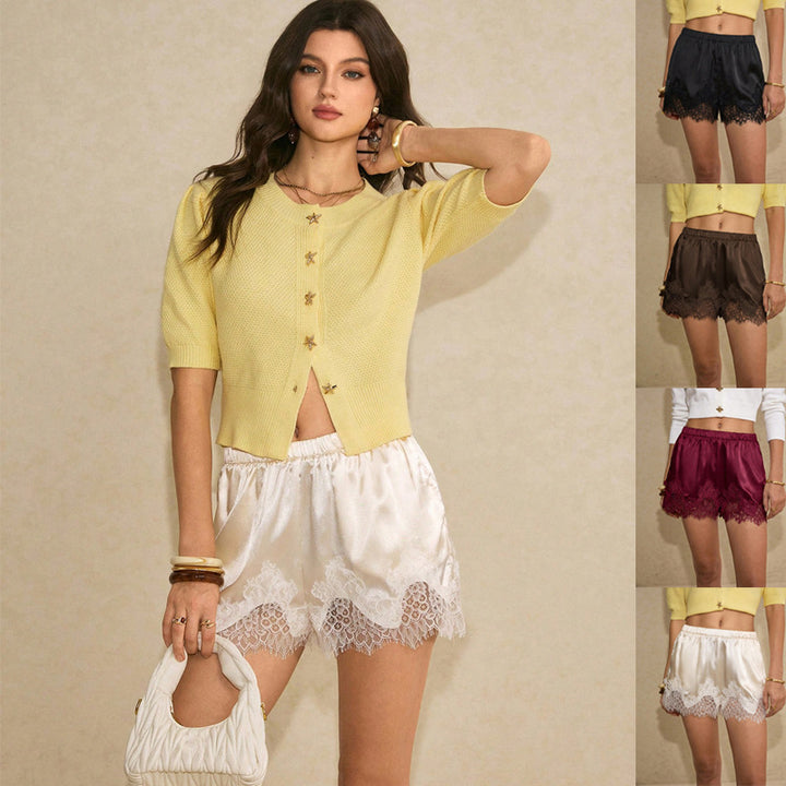 Women's satin shorts with lace trim and elastic waistband Mune Fashion