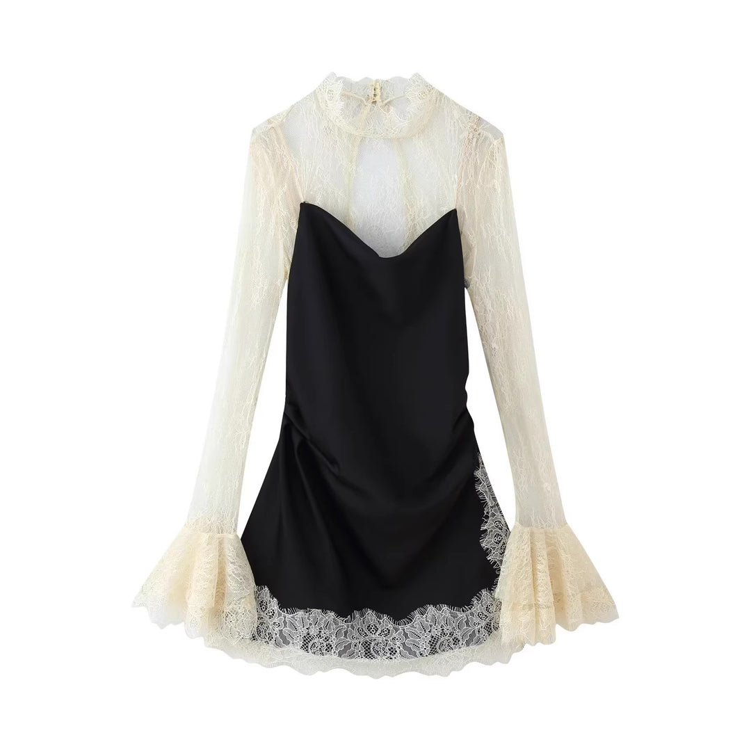 Women Elegant Slip Dress with Lace Overlay, Stand Collar and Ruffled Sleeves Mune Fashion