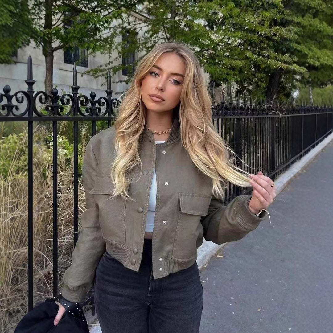 Women's Short Bomber Jacket with Leopard Print, Ribbed Cuffs, and Flap Pockets Mune Fashion