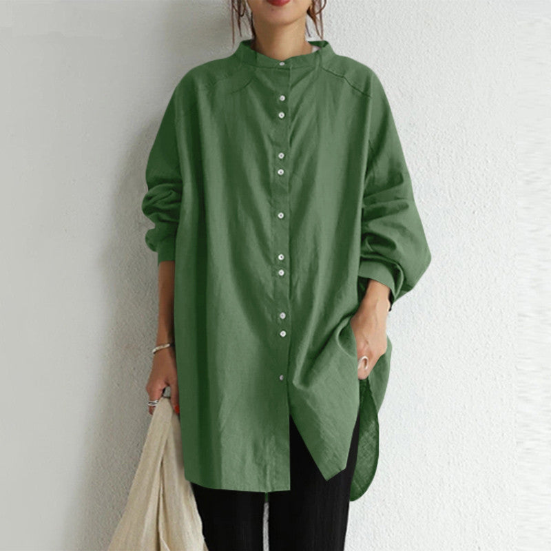 Women's casual oversized tunic blouse with stand-up collar, button placket and side slits Mune Fashion