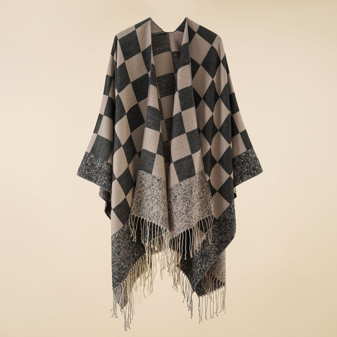 Women Oversized Poncho with Check Pattern and Fringes Mune Fashion