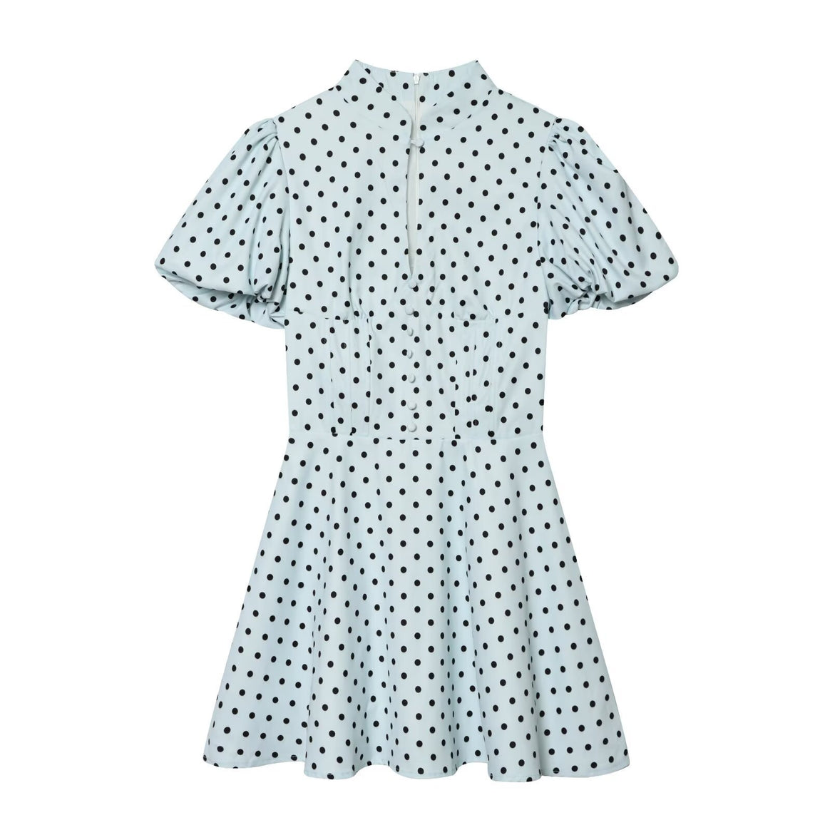 Women's Polka Dot A-Line Dress with Stand Collar, Tailoring and Balloon Sleeves Mune Fashion