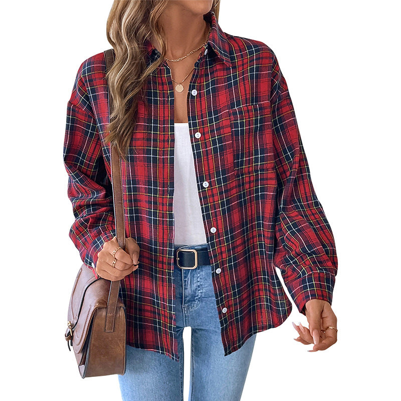 Women's Oversized Check Shirt Blouse made of soft flannel with chest pocket and extended back part Mune Fashion