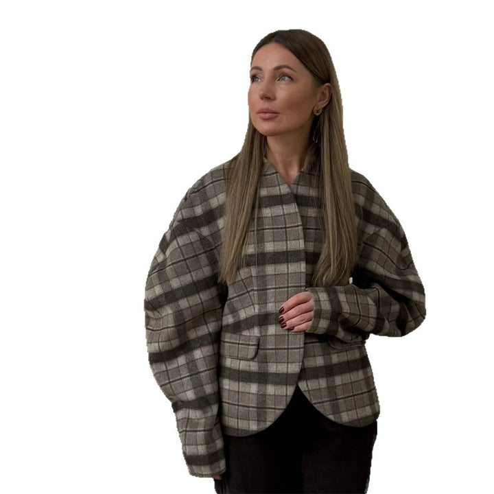 Women's Checked Boxy Blazer with Voluminous Balloon Sleeves Mune Fashion