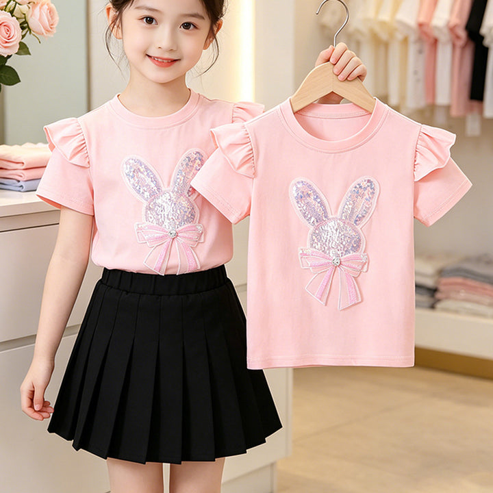 Girls' T-shirt with sparkling rabbit motif and ruffle details Mune Fashion