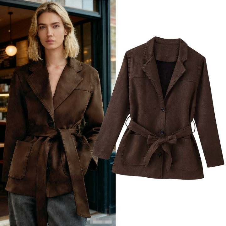 Ladies Tailored Suede Look Blazer with Ties and Patch Pockets Mune Fashion