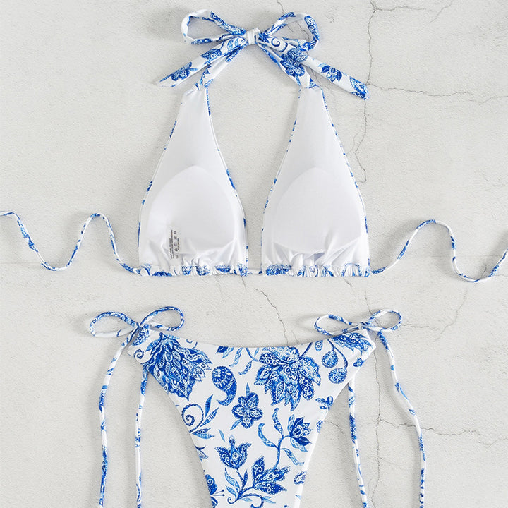 Ladies Triangle Bikini Set with playful floral design and elegant ties Mune Fashion