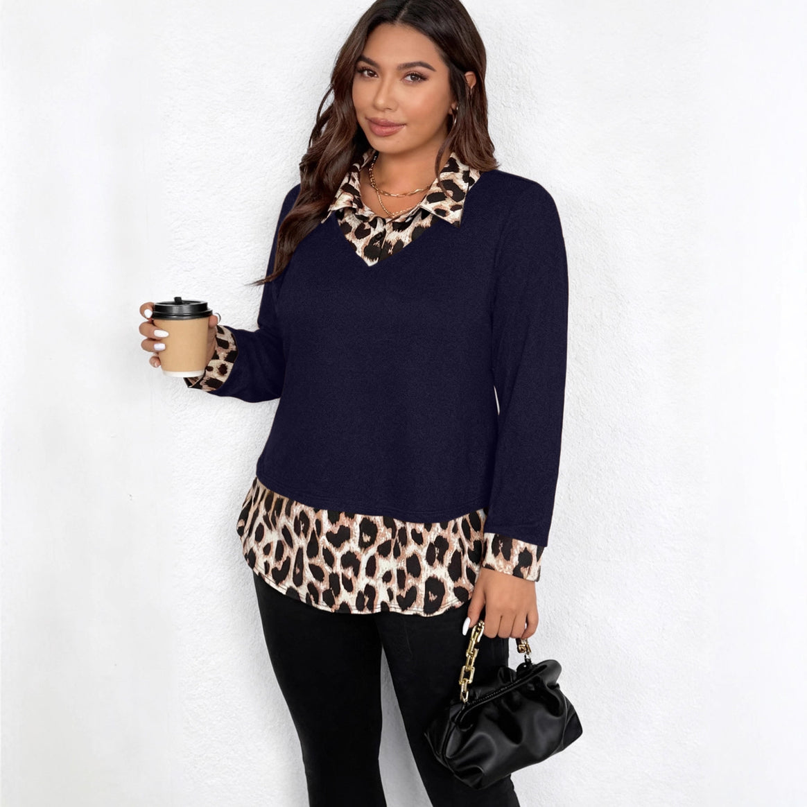 Women's layered look pullover with V-neck and leopard print blouse insert Mune Fashion