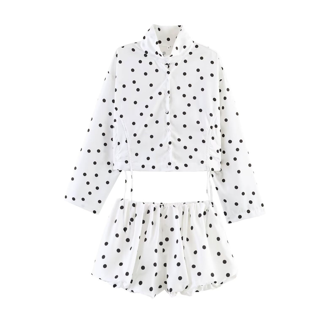 Women's Polka Dot Cropped Utility Jacket with Stand Collar and Drawstring Mune Fashion