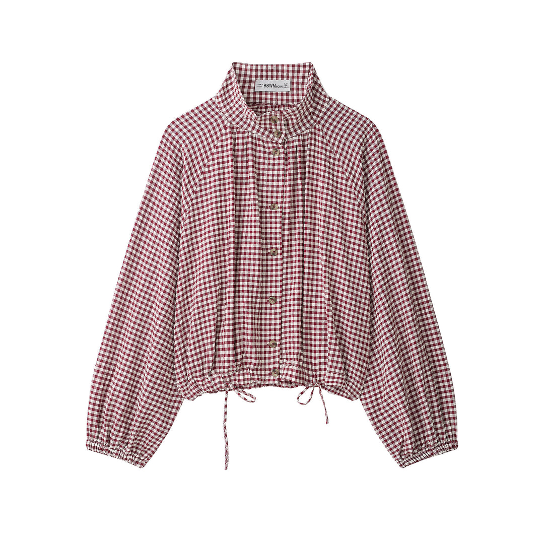 Women’s check blouse with stand-up collar, button closure and drawstring hem Mune Fashion