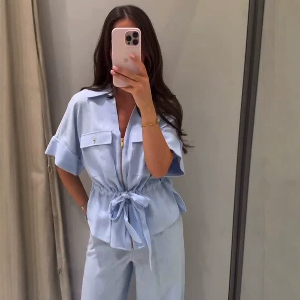 Women's Short Sleeve Blouse with Zipper, Breast Pockets & Drawstring Waist Mune Fashion