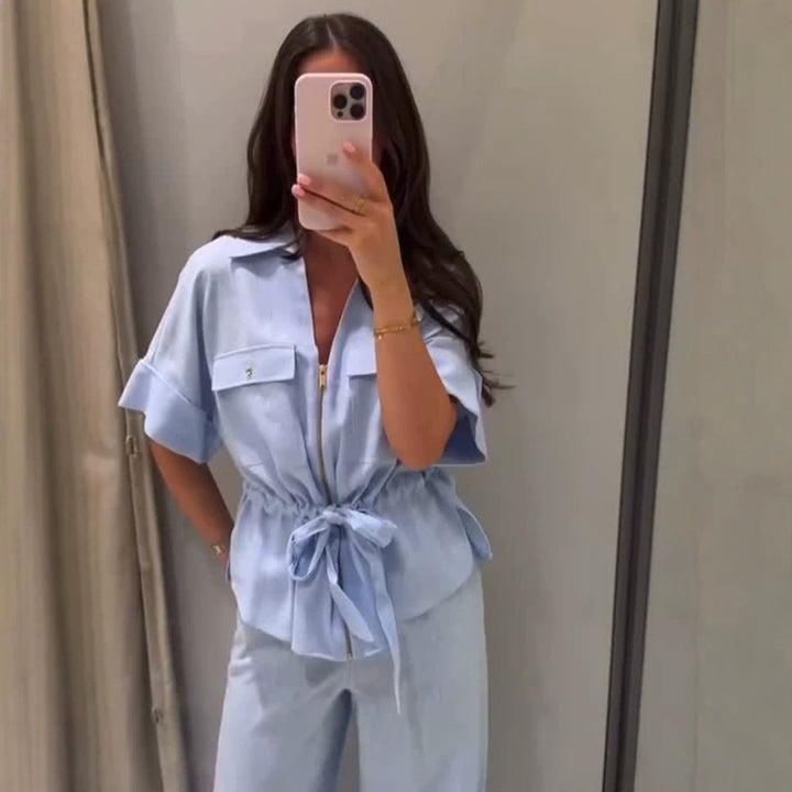 Women's Short Sleeve Blouse with Zipper, Breast Pockets & Drawstring Waist Mune Fashion
