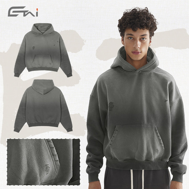 Men's Oversize Hooded Sweatshirt with Washed-Out Vintage Effect and Destroyed Details Mune Fashion