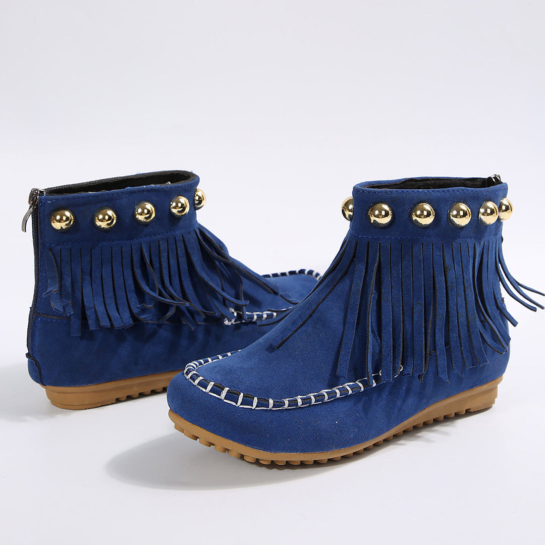 Women's Fringe Moccasin Ankle Boot with Decorative Rivets and Back Zipper Mune Fashion