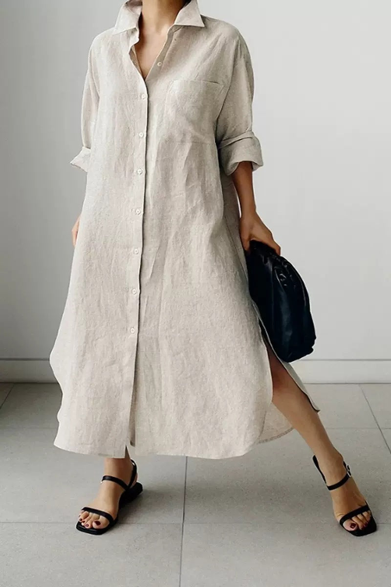 Women's Oversize Linen Maxi Dress with Stand Collar, Roll-Up Sleeves and High Side Slits Mune Fashion