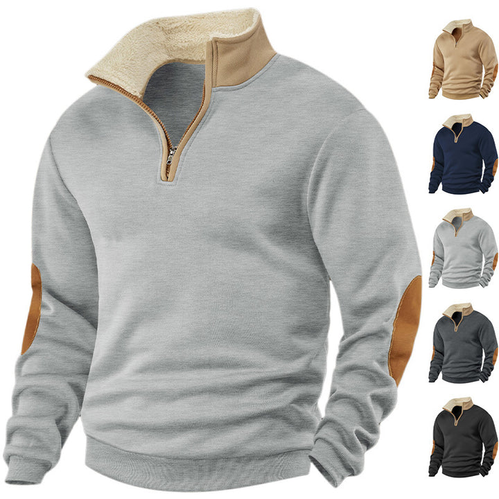 Men Nan Fleece Half-Zip Pullover with Sherpa Collar and Elbow Patches Mune Fashion