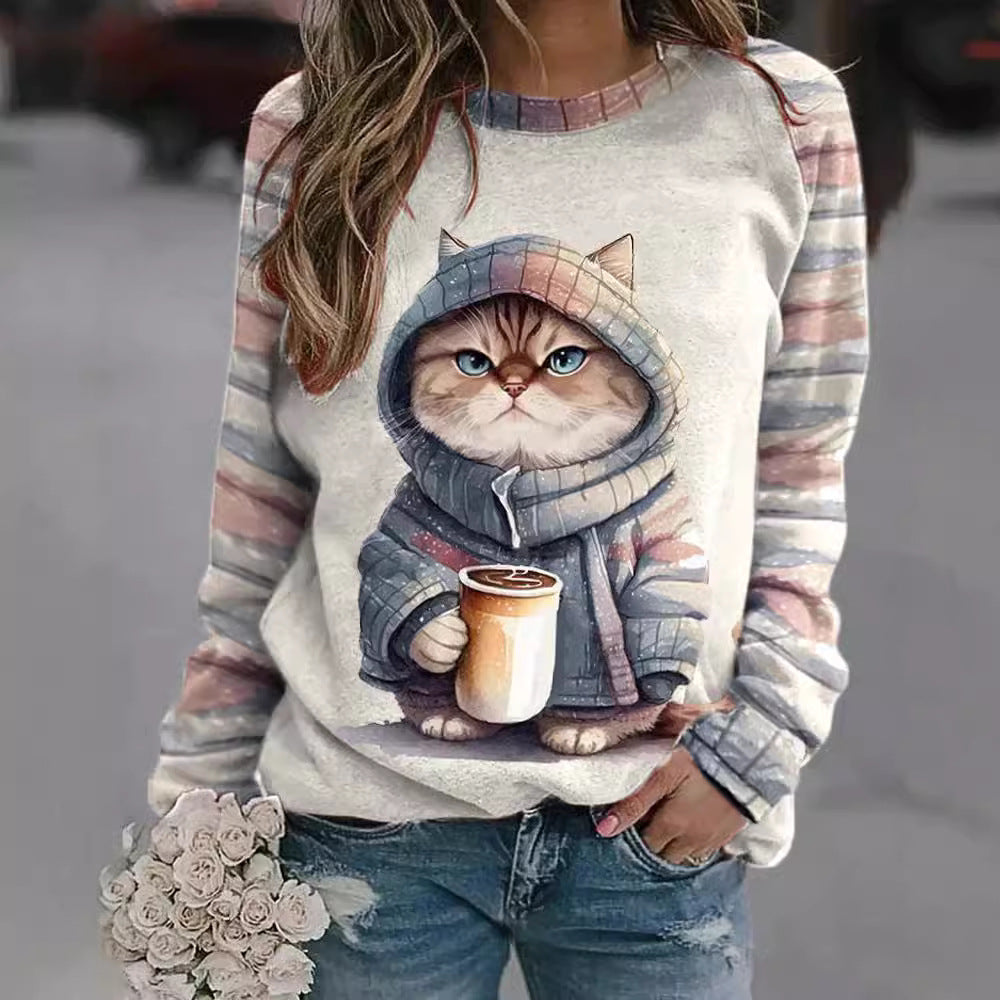 Women's casual sweatshirt with large kitten front print and striped raglan sleeves Mune Fashion