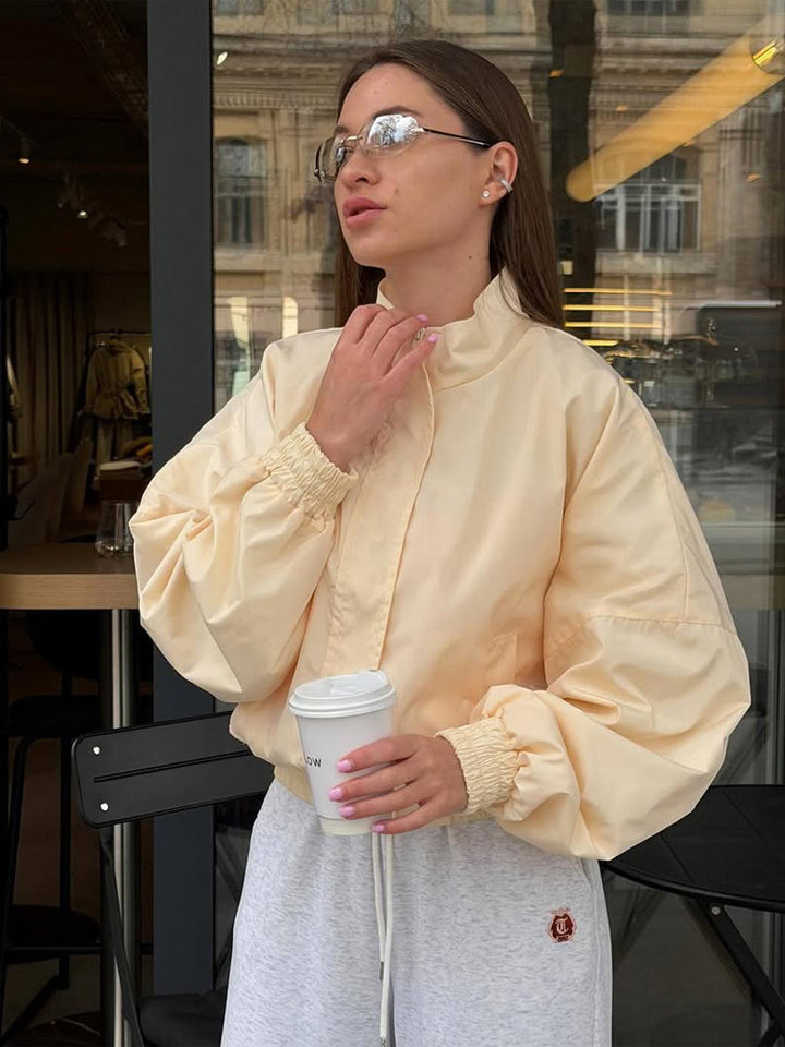 Women's Oversized Cropped Bomber Jacket with Stand Collar and Zipper