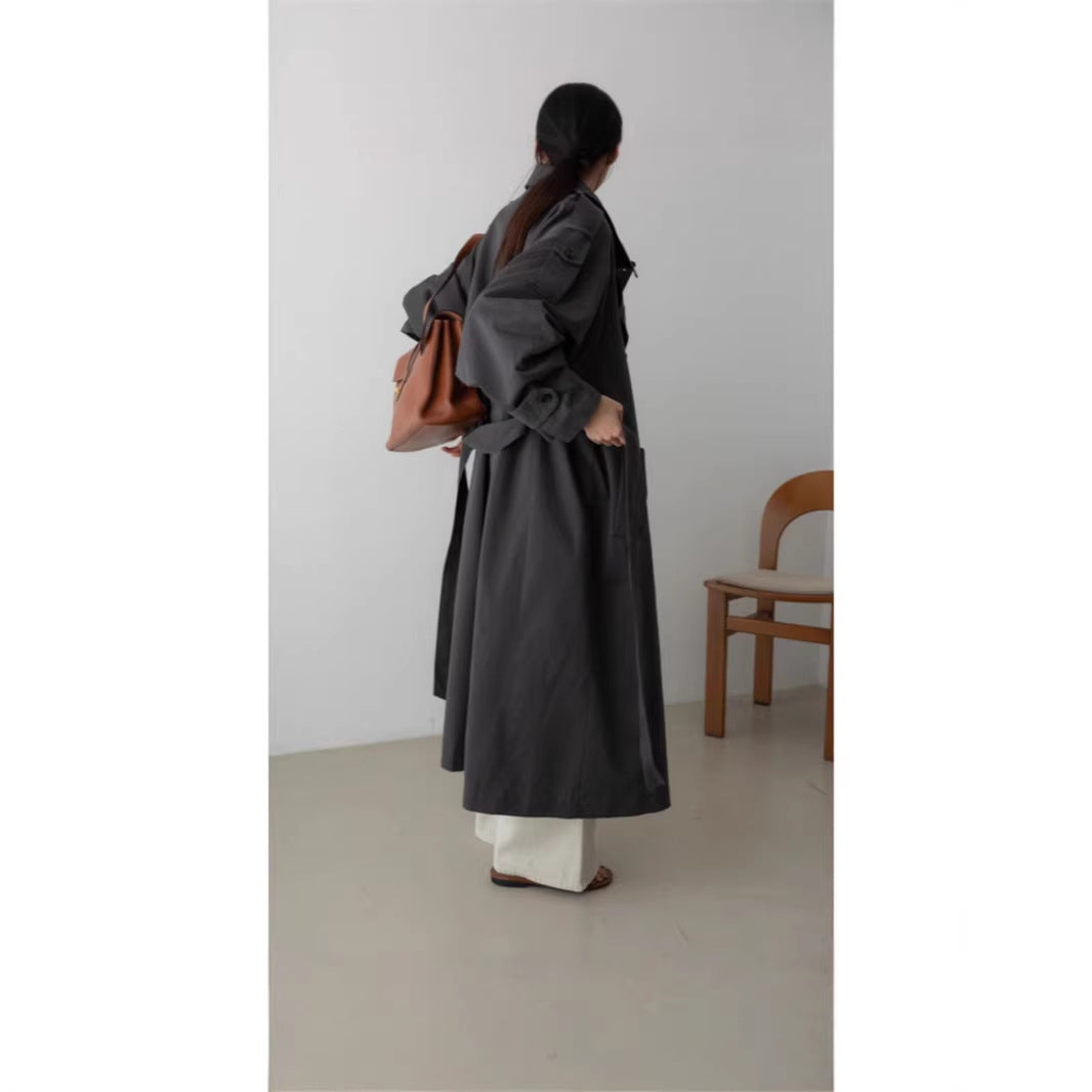 Women Oversize Maxi Trench Coat with Waist Belt and Double Button Placket Mune Fashion