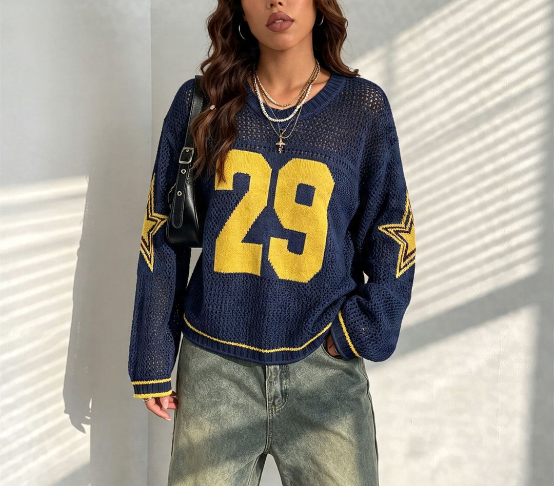 Women Oversize Mesh Knit Cropped Pullover with V-Neck Mune Fashion